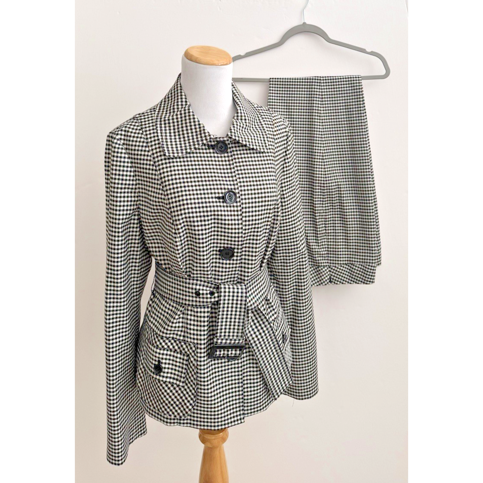 Carlisle Pant Suit 8 Black White Check Wool Viscose Stretch Belted Classic Nwot